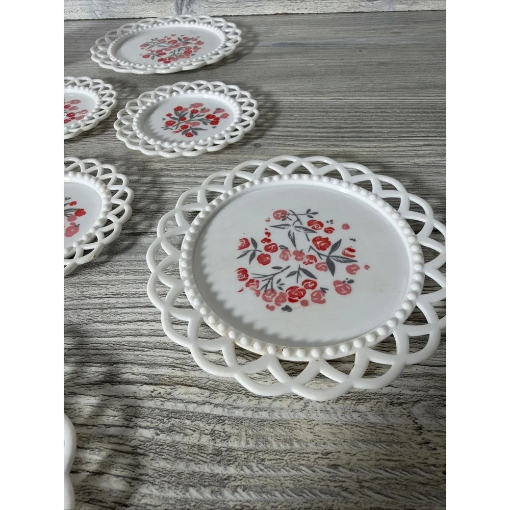 Vtg 1960's Plastic White Lattice & Hobnail Pink Dogwood Toy Dishes Tea Set 17 Pc